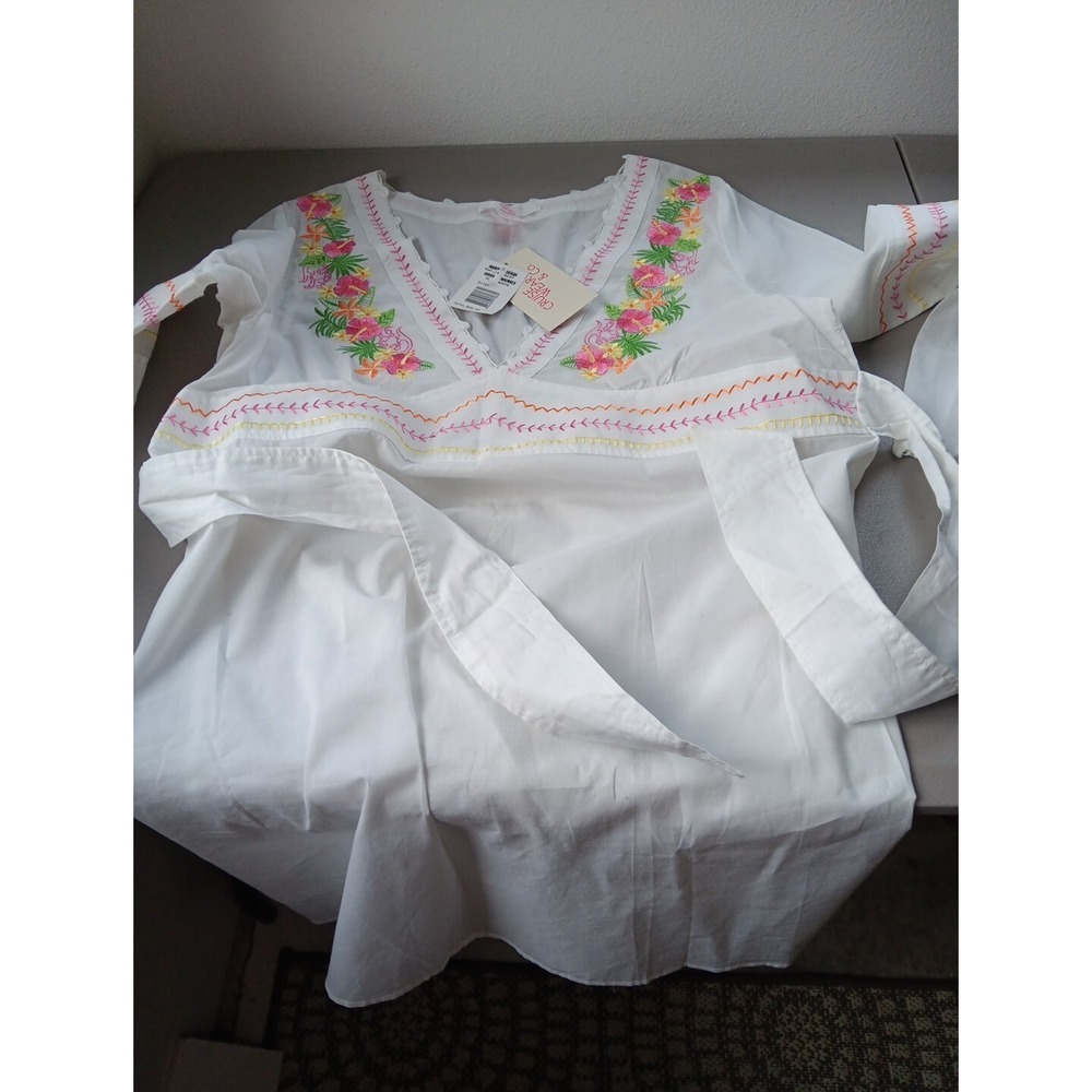 NEW Boho Tunic Mini Dress Womens XL White Cotton Pink Embroidery DEEP V Beachy - Picture 7 of 13